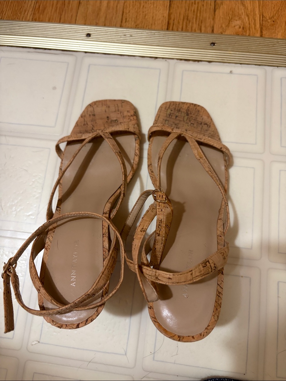 Ann Taylor Cork-Textured Strappy Wedge Sandals in Tan / Natural worn twice